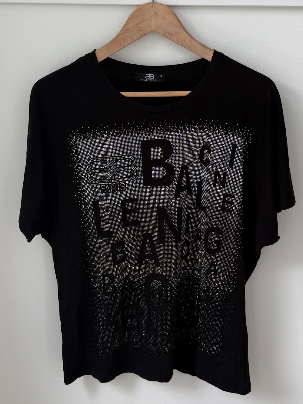 BALENCIAGA Black Rhinestone Embellished Logo Graphic Tee - Size S